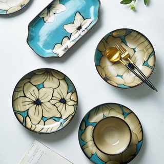 日式青花瓷盤子菜盤深盤碟子窩盤家用陶瓷魚盤圓形炒菜深湯碗餐盤