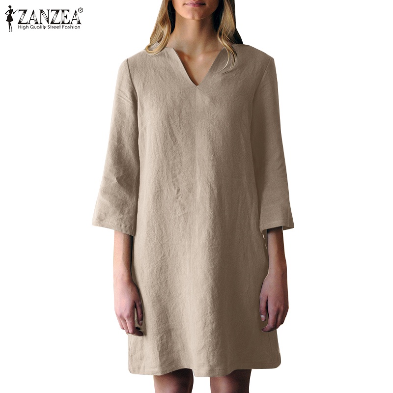 Zanzea 女式歐洲日常 V 領 3/4 袖側袋休閒連衣裙