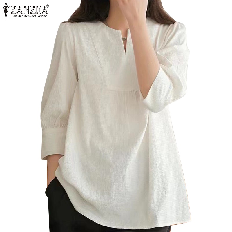 ZANZEA Women's Elegant Lapel Casual Crew Neck 3/4 Sleeve A-T