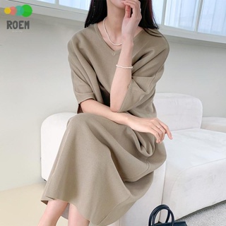 ROVE[輕奢高級]韓國chic夏季復古慵懶風圓領寬鬆休閒素色長款短袖針織洋裝洋裝女