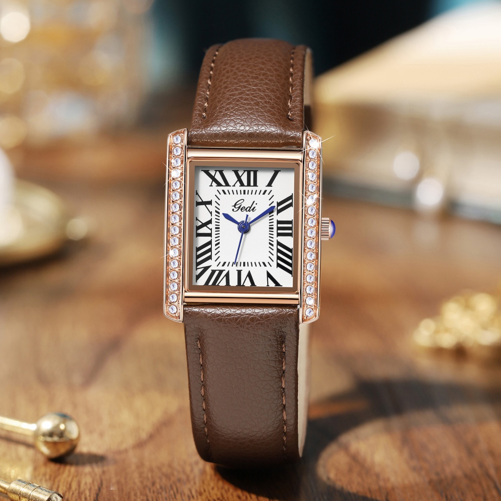 【現貨】GEDI 新款 女錶 石英錶 時尚 鑲鑽 長方形錶盤 精品手錶 手錶女生 簡約 休閒 百搭 復古風 皮帶 防水手