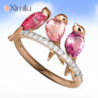 ♥ 原創3只小鳥玫瑰金戒指女生紅寶石粉水晶飾品