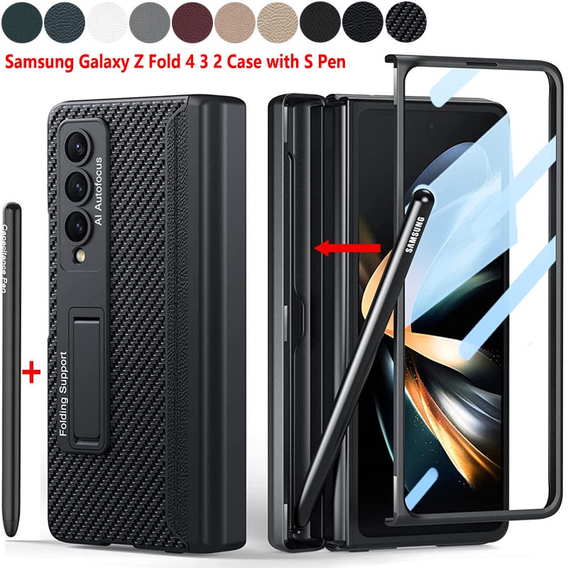 [新款現貨] 附筆 三星摺疊機Galaxy Z Fold5 4 3 2 手機殼 鉸鏈 保護殼 筆盒 支架 素皮 奢華
