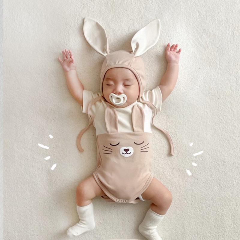 韓版春夏季新款童裝嬰兒連身衣ins款可愛小兔子拼色造型哈衣嬰兒衣服