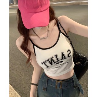 【HOSS】白色字母吊帶小背心女裝辣妹露背性感修身無袖短款內搭上衣外穿