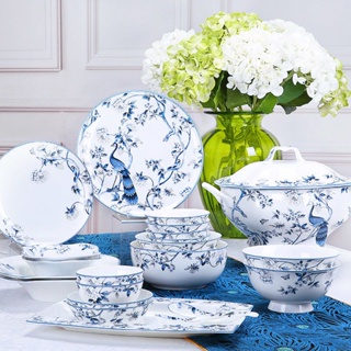 青花瓷碗套裝中式唐山骨瓷餐具碗碟套裝家用高檔中國風新中式碗盤