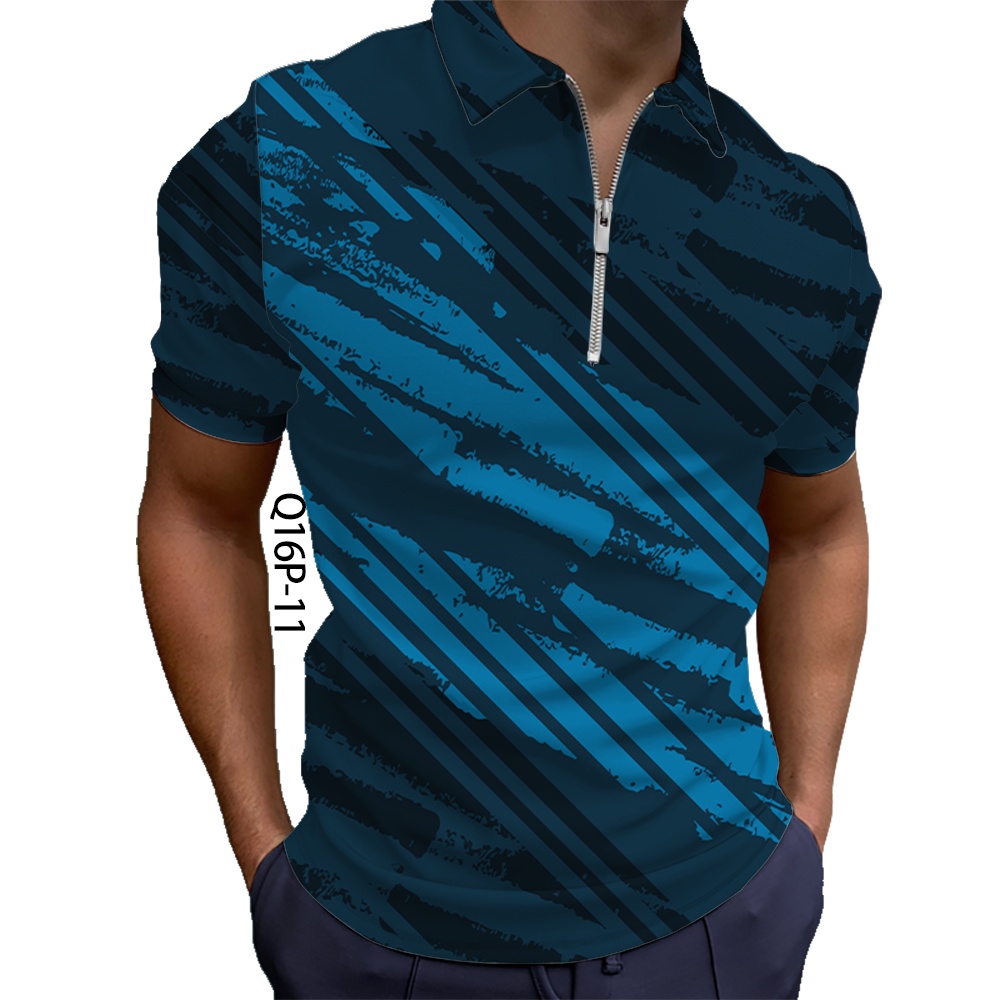 夏季男士短袖拉鍊polo衫（工廠直銷）3D數位列印2023新款運動風格聚酯纖維舒適透氣T恤上衣