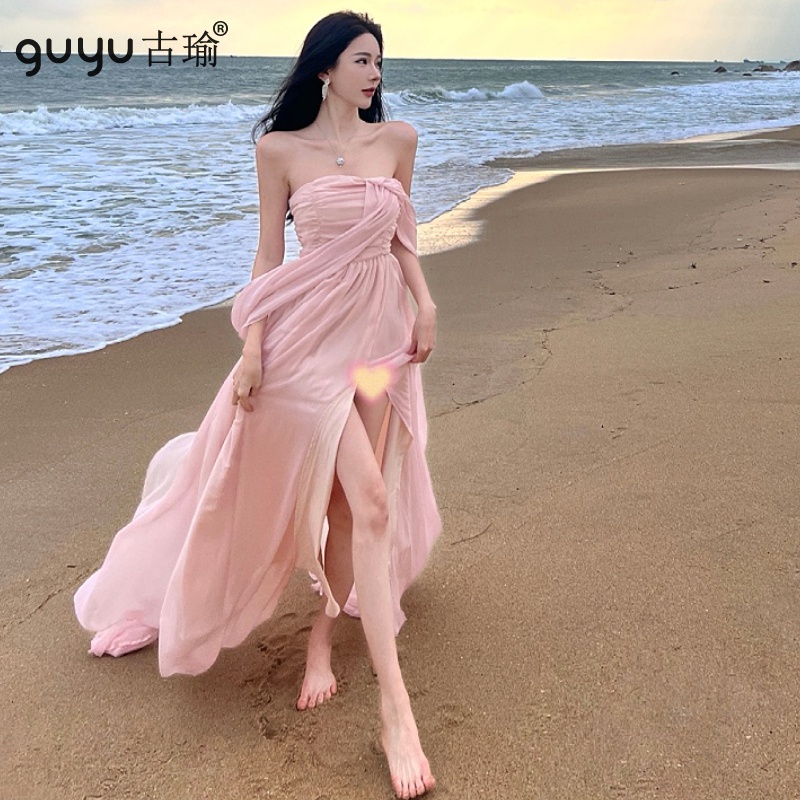 度假洋裝【快速出貨】2023夏季新款粉色仙女洋裝抹胸沙灘裙海邊拖地長洋裝