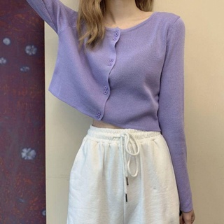 薄款針織衫小外套女長袖紫色短版薄款上衣