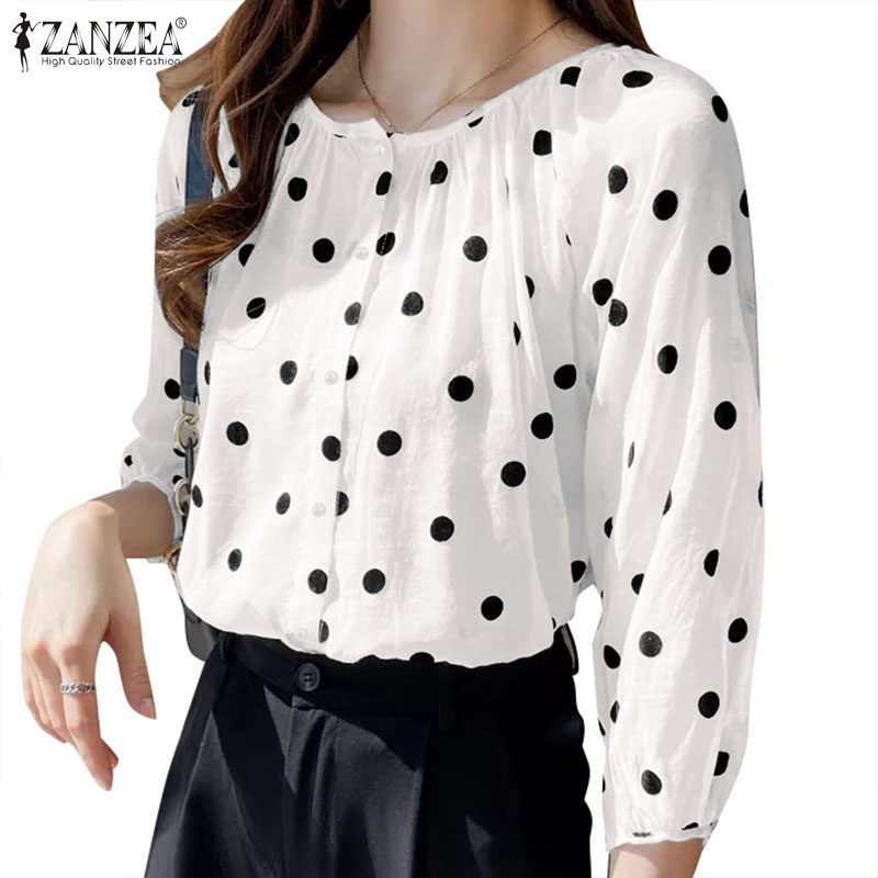 Zanzea 女式韓國街頭時尚通勤波點 3/4 袖泡泡袖襯衫