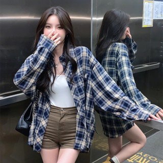 【HOSS】韓版長袖襯衣外套 女裝 格子襯衫女 薄款防曬衫 藍色上衣2023新款