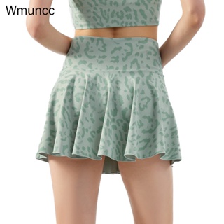 Wmuncc 豹紋假兩件瑜伽短裙女高腰束腹防走光波浪網球裙健身速乾短褲