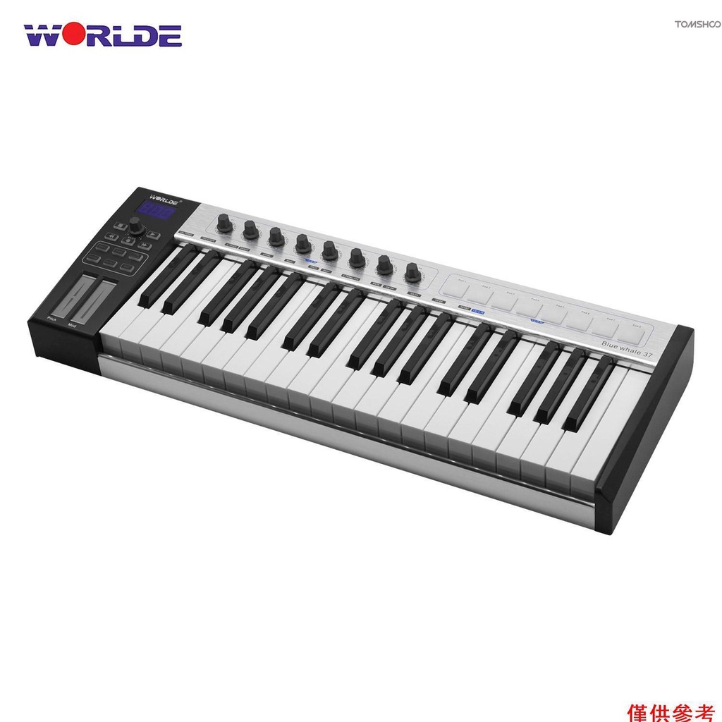 Worlde Blue whale 37 便攜式 USB MIDI 控制器鍵盤 37 半加重鍵 8 RGB 背光觸發墊