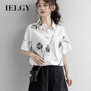 IELGY Polo衫女港風白色短袖寬鬆雪紡印花小清新上衣潮