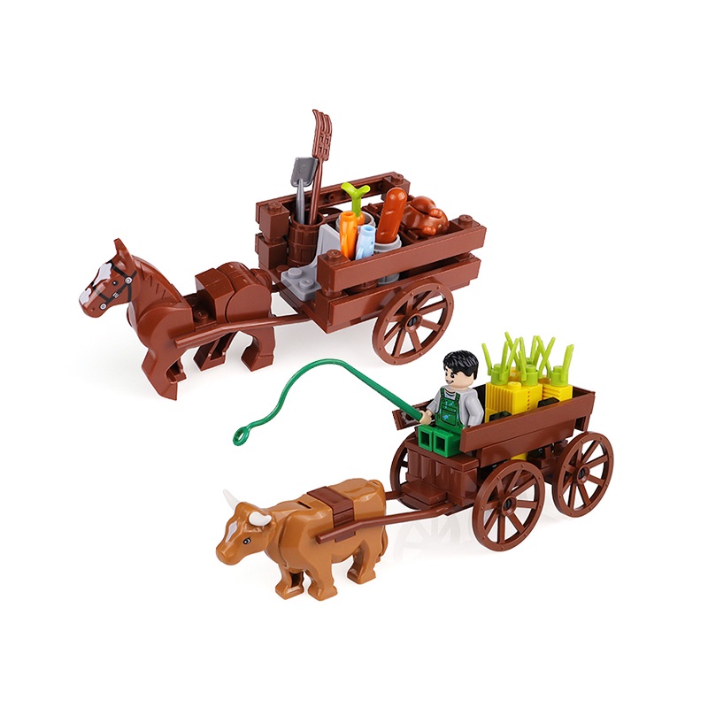 MOC小顆粒積木 人偶 中古世紀牛車輪子 農車 復古馬車場景 交通工具