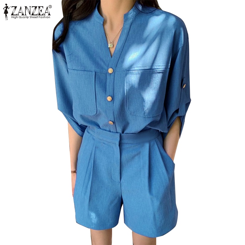 Zanzea 女式韓版休閒V領長袖襯衫+高腰中心拉鍊短褲兩件套