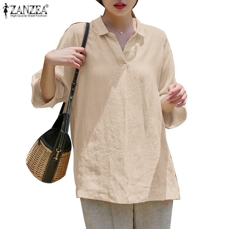 Zanzea 女式韓版日常 V 領落肩三分袖棉質襯衫