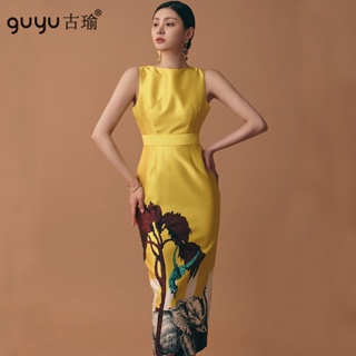 GUYU古瑜 2023新款韓夏天洋裝女【S-XL】船領無袖印花合身連身洋裝後開叉宴會晚禮服