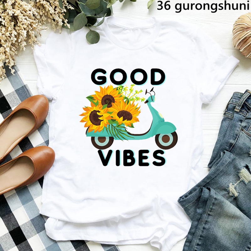 Good Vibes Vespa 汽車圖案印花T恤女裝時尚白色T恤Femme夏季時尚T恤女