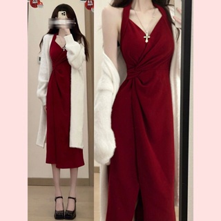 大尺碼洋裝 宴會服 大尺碼禮服 中長款高級感法式復古吊帶紅色連衣裙