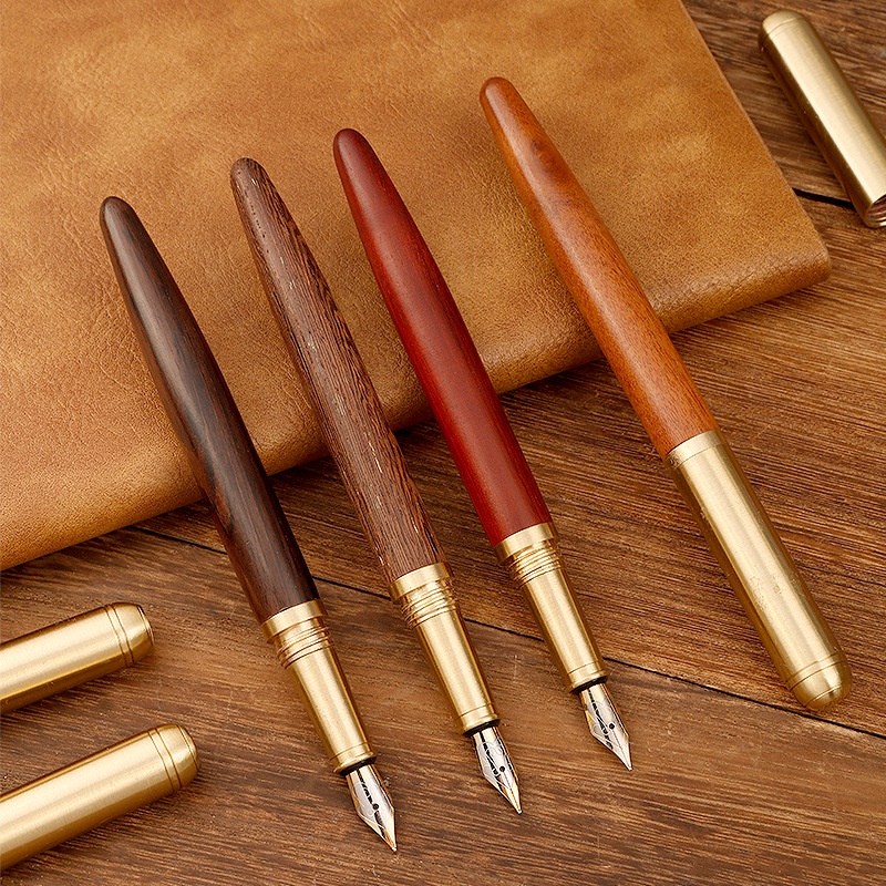 現貨復古檀木鋼筆學生辦公禮品筆黃銅商務書寫木質鋼筆練字書法筆