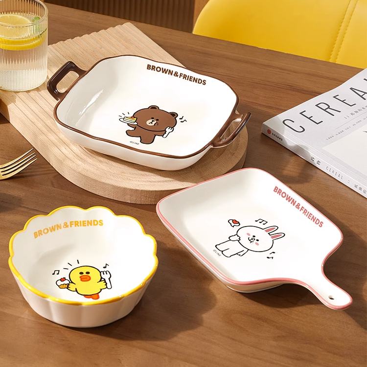 現貨【LINE FRIENDS】造型烤盤 熊大 莎莉 兔兔 卡通創意陶瓷餐盤子西餐家用微波爐烤箱專用食具