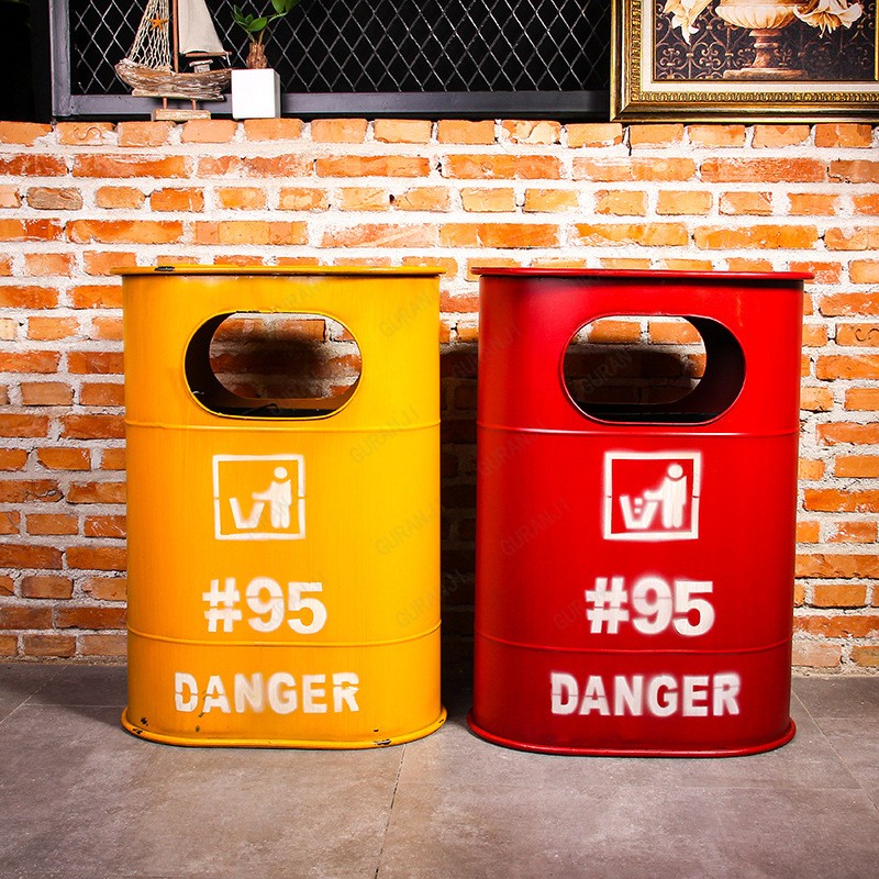 【可定製】可開發票美式工業風鐵藝紅色垃圾桶創意個性網紅大號商用店鋪餐廳裝飾油桶垃圾桶 戶外垃圾桶 收納桶