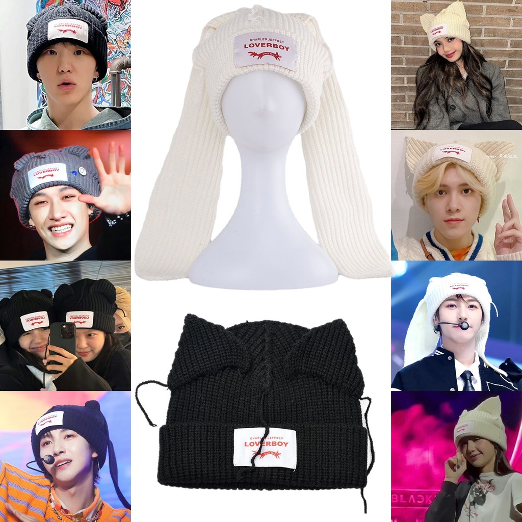 Kpop Idol StrayKids BLACKPINK NCT 同款純色針織帽毛帽韓版時尚設計貓耳帽保暖長耳朵裝飾帽