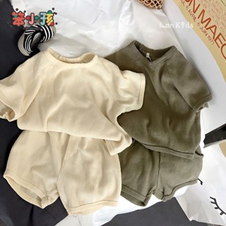 【BXH】90-130CM 韓版兒童短袖套裝 男女童薄款華夫格短袖短褲兩件套 兒童居家外穿休閒套裝 男童套裝 女童套裝