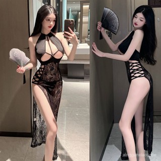 <性感小姐姐>性感辣妹長款洋裝 高開叉蕾絲連身裙 夜店掛脖洋裝 黑色長裙 性感洋裝