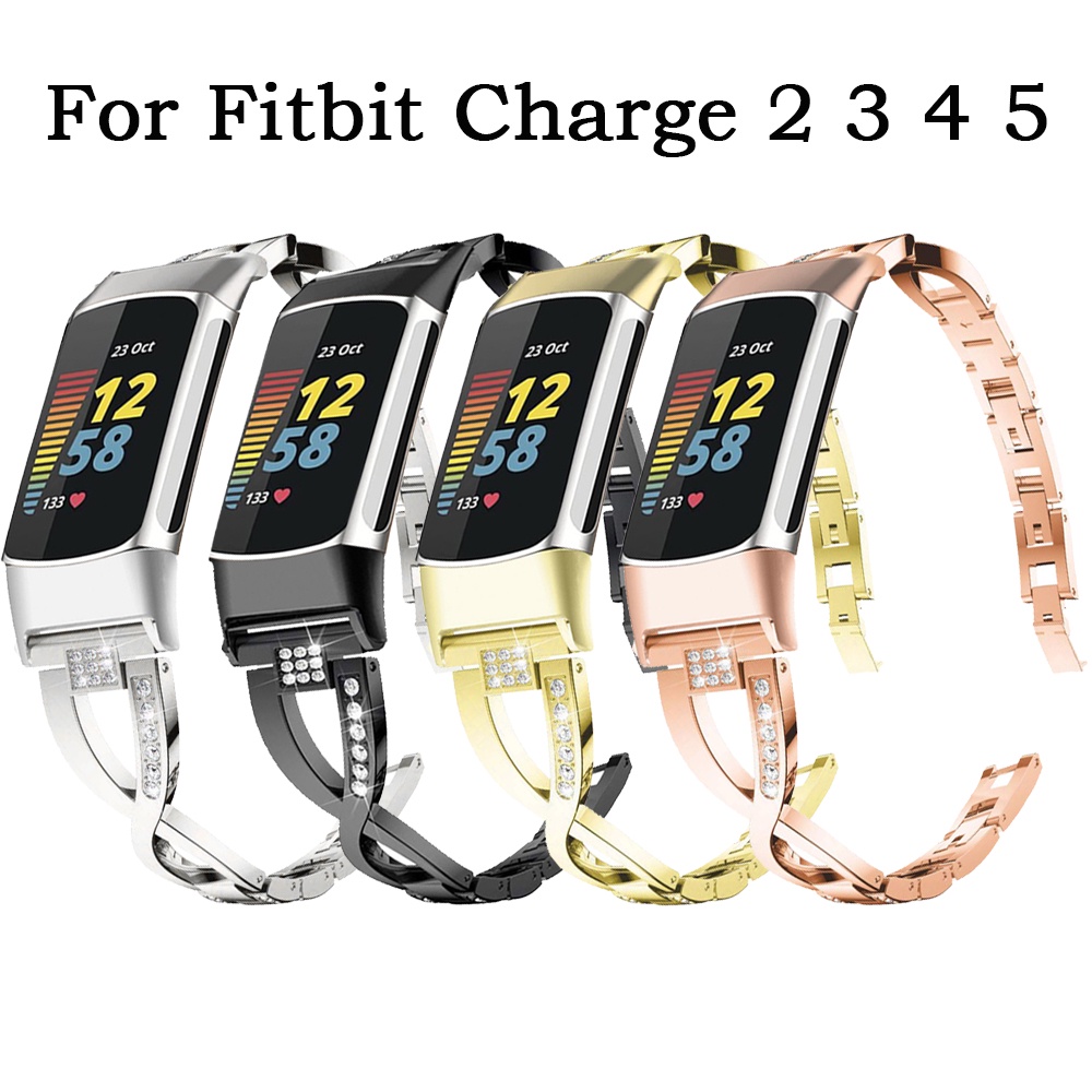 適用於Fitbit Charge 5 4 3 2代金屬鑲鑽鋁合金錶帶 Charge 5叉款帶鑽金屬精美女生女性時尚錶帶