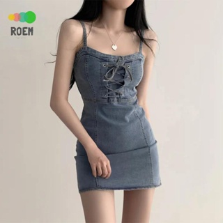 ROVE[輕奢高級]韓國chic夏季復古交叉抽繩設計感小眾收腰顯瘦吊帶牛仔洋裝洋裝女