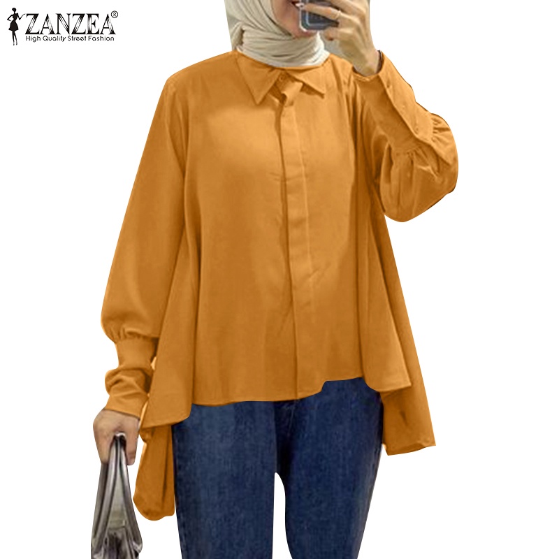 Zanzea 女士穆斯林通勤日常休閒 A 套前短後長翻領襯衫