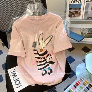 【ZN女裝】夏季 兔子 印花 短袖 曾棉 寬鬆 上衣 百搭 正肩 T恤女