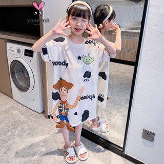 【YAOEENH】105-155CM 兒童冰絲睡衣 中大女童可愛卡通公主睡裙 短袖家居服 現貨 快速出貨