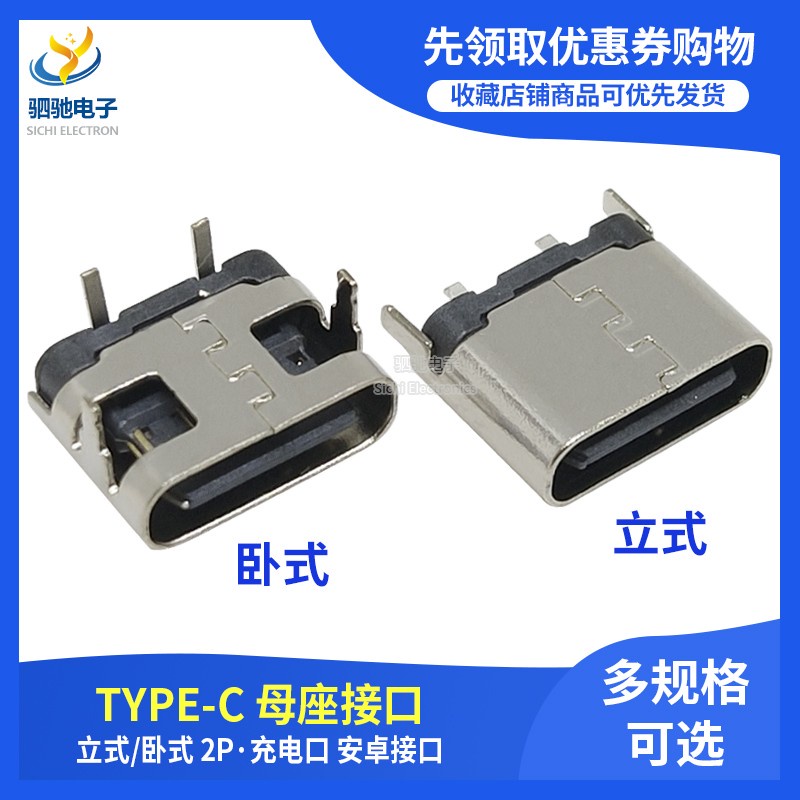 【10個】TYPE-C 2P 臥式立式直插母座 90度兩腳插板簡易型USB快充充電接口