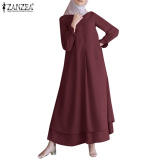Zanzea 女士穆斯林日常袖口橡膠荷葉邊長袖褶襉中前連衣裙