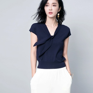 【F-store】夏季冰絲針織衫女TT恤寬鬆飄帶韓版V領短版緊身蝴蝶結上衣