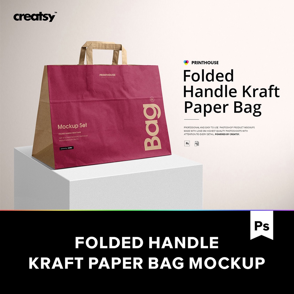 5款牛皮紙手提購物袋紙袋拎袋設計Ps貼圖樣機素材