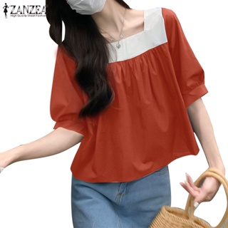 Zanzea 女式韓版時尚方領泡泡袖撞色襯衫