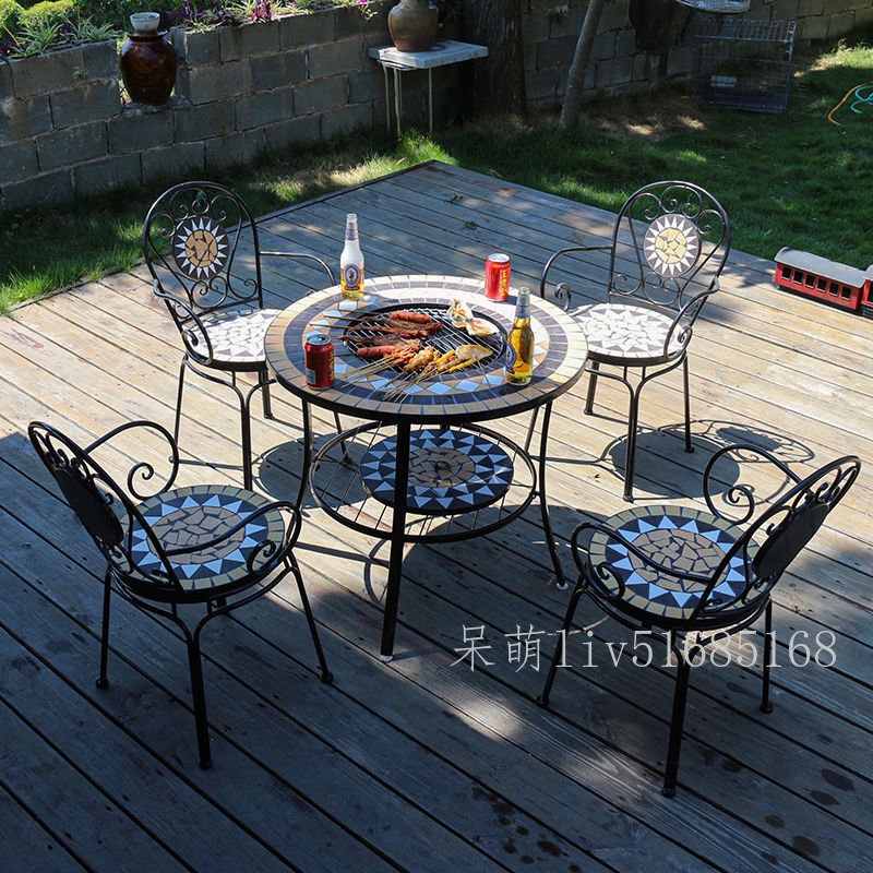 戶外燒烤桌 庭院家用馬賽克 鐵藝燒烤爐露天餐桌椅 圓形碳烤桌椅組合