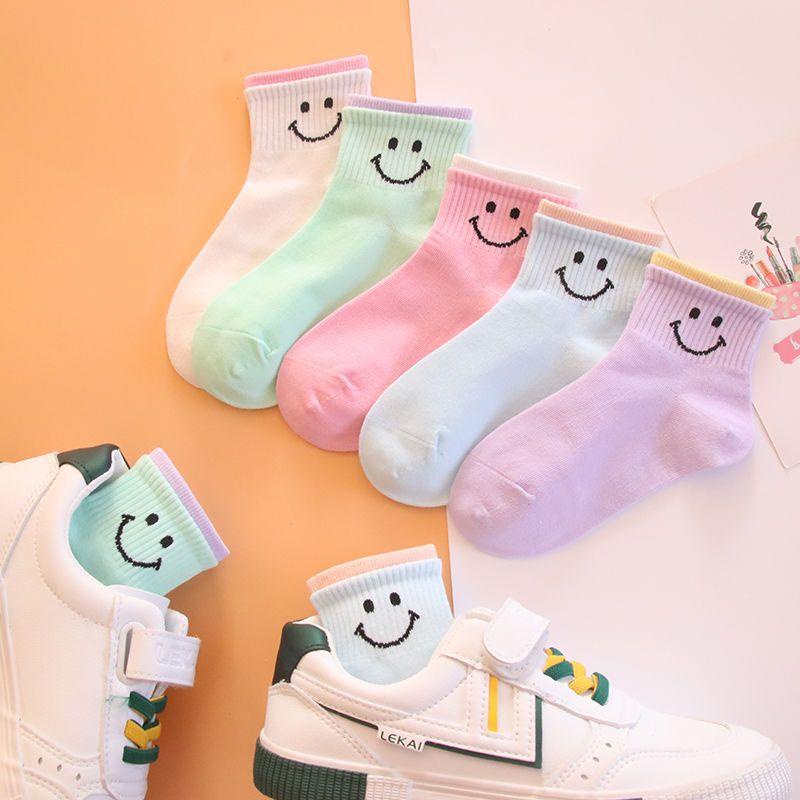 YIH  童襪  1兒童卡通襪子 女童可愛 韓國 中筒純棉 糖果色 笑臉寶寶學生運動短襪