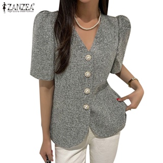 Zanzea 女式韓版時尚短袖 V 領系扣束腰西裝外套