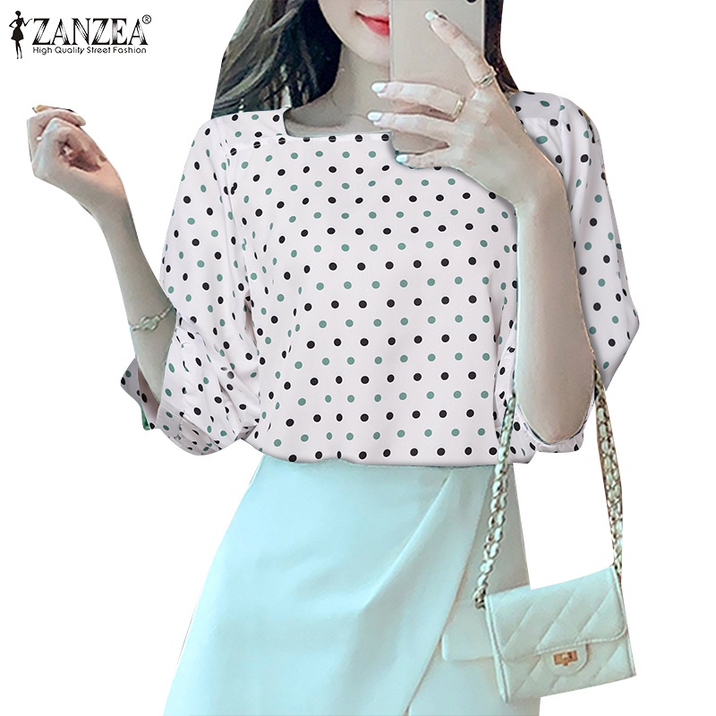 Zanzea 女式韓版日常甜美彩色圓點方領 3/4 袖休閒襯衫上衣