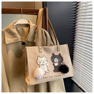 時尚可愛少女心貓咪帆布包 休閒手提袋 可愛卡通貓咪托特包 大容量斜背包 女生購物袋