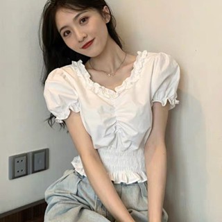 法式泡泡袖襯衫女|收腰顯瘦荷葉邊|短款上衣|甜美清新學院風| 修身|短款|短袖|荷葉邊和抽褶設計|純色|束腰宮廷風|V領