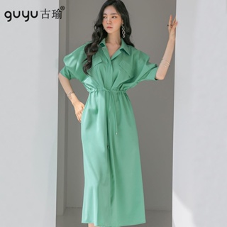 夏天洋裝【S-XL】2023新款抽繩抽繩收腰襯衫長洋裝短袖綠色上班族連身裙 韓版