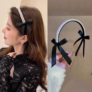 韓國珍珠蝴蝶結頭帶女孩甜美優雅珠子細髮帶女士派對髮飾