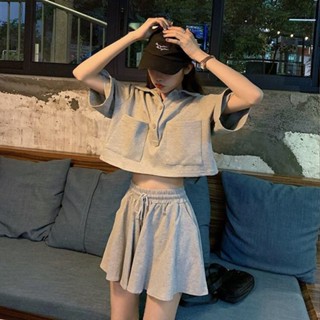 甜酷套裝夏季新款POLO領寬鬆百搭短袖T恤|闊腿裙褲短褲|兩件套韓版時尚百搭穿搭套裝潮