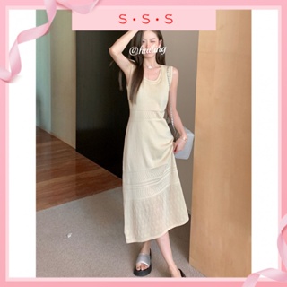 【SSS洋裝】韓版時尚鏤空針織無袖背心洋裝女氣質寬鬆休閒中長款裙子